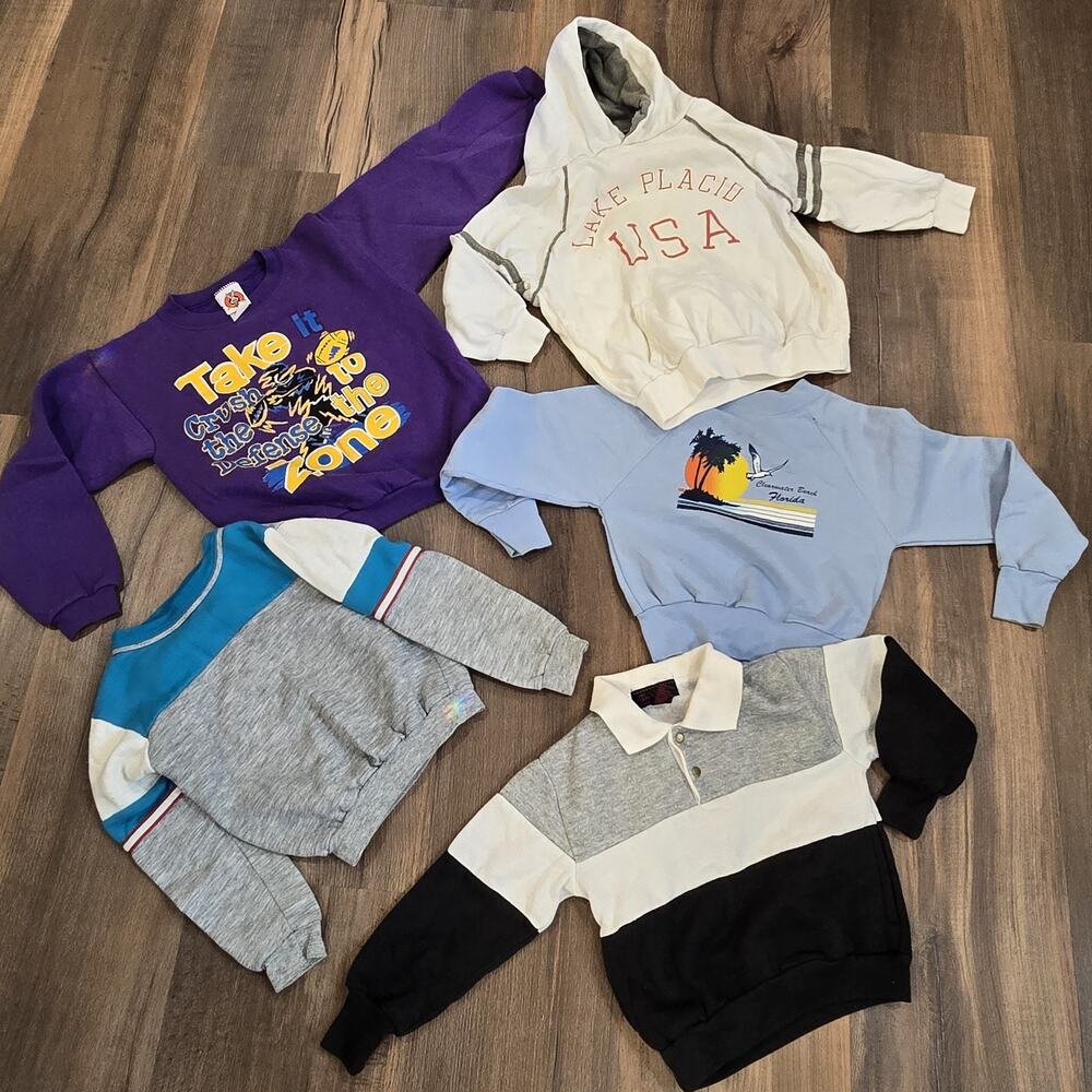 Kids Boys Vintage Crew Neck Hoodie Sweatshirt Lot Blue‎ Gray White USA 80s 90s